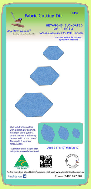 Hexagons, elongated 90°, 1", 1½" & 2" finished.   seam allowance ¼" - 6456 - includes cutting mat
