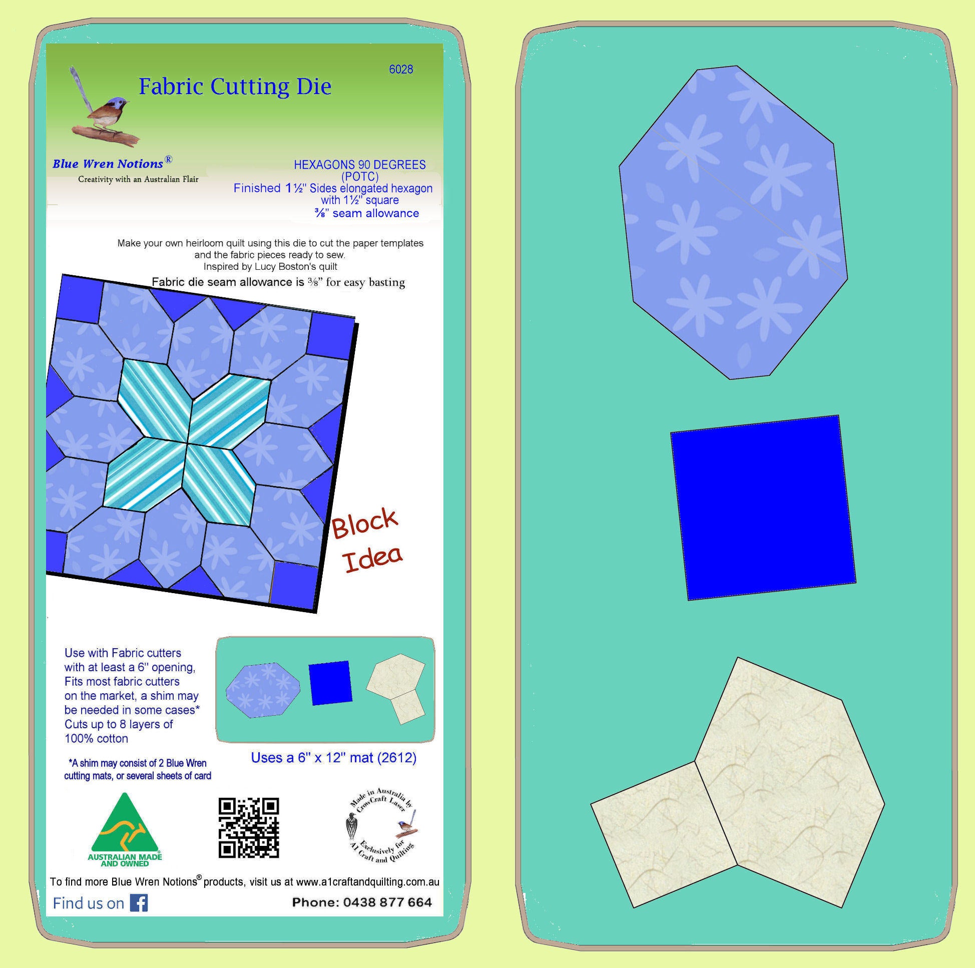 Hexagons, 90 degree 1½" sides (POTC) with 1½" squares, 3/8" seam - 6028 - includes cutting mat