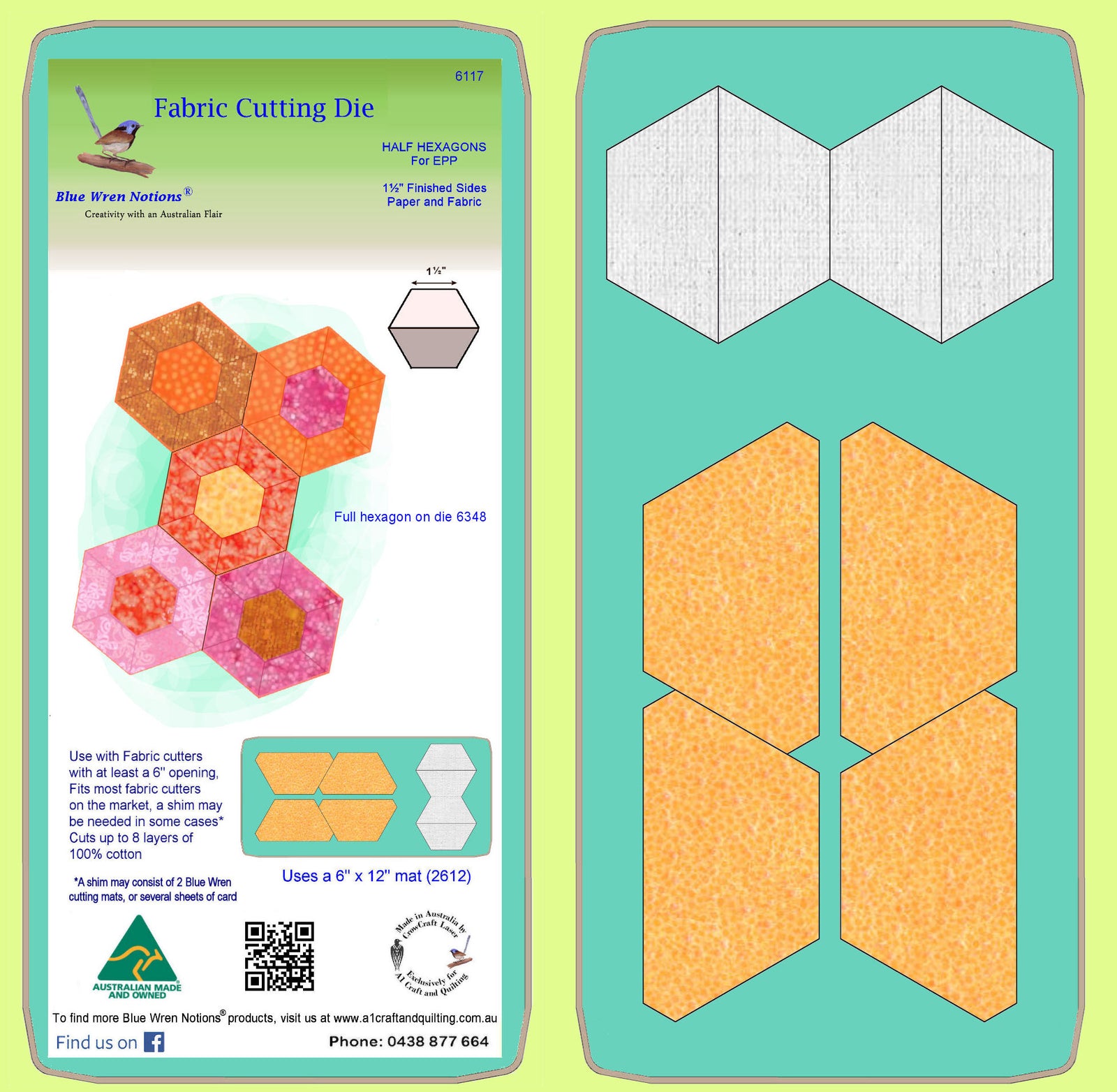 Half Hexagons 1½" finished sides, paper and fabric pieces, 3/8" seam allowance - 6117 - includes cutting mat