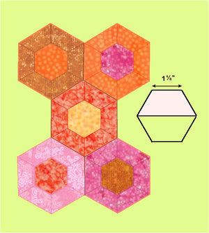 Half Hexagons 1½" finished sides, paper and fabric pieces, 3/8" seam allowance - 6117 - includes cutting mat