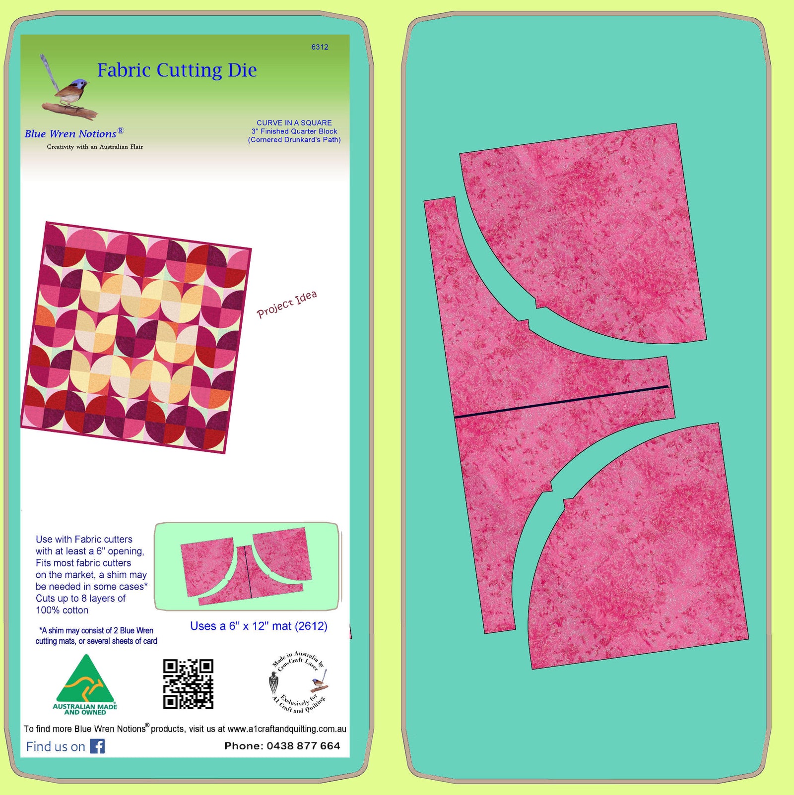 CURVE IN A SQUARE 3" finished quarter block (cornered Drunkards Path) - 6312- includes cutting mat