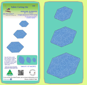 Hexagons, elongated 90°, 1", 1½" & 2" finished.   seam allowance ¼" - 6456 - includes cutting mat
