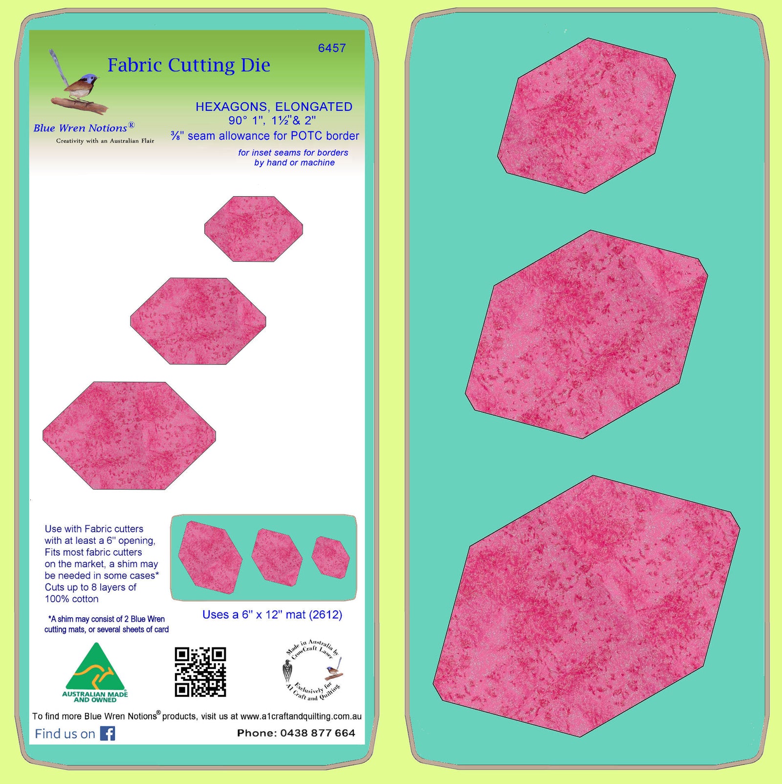 Hexagons, elongated 90 degree 1", 1½" & 2" finished,  3/8" seam allowance - 6547 - includes cutting mat