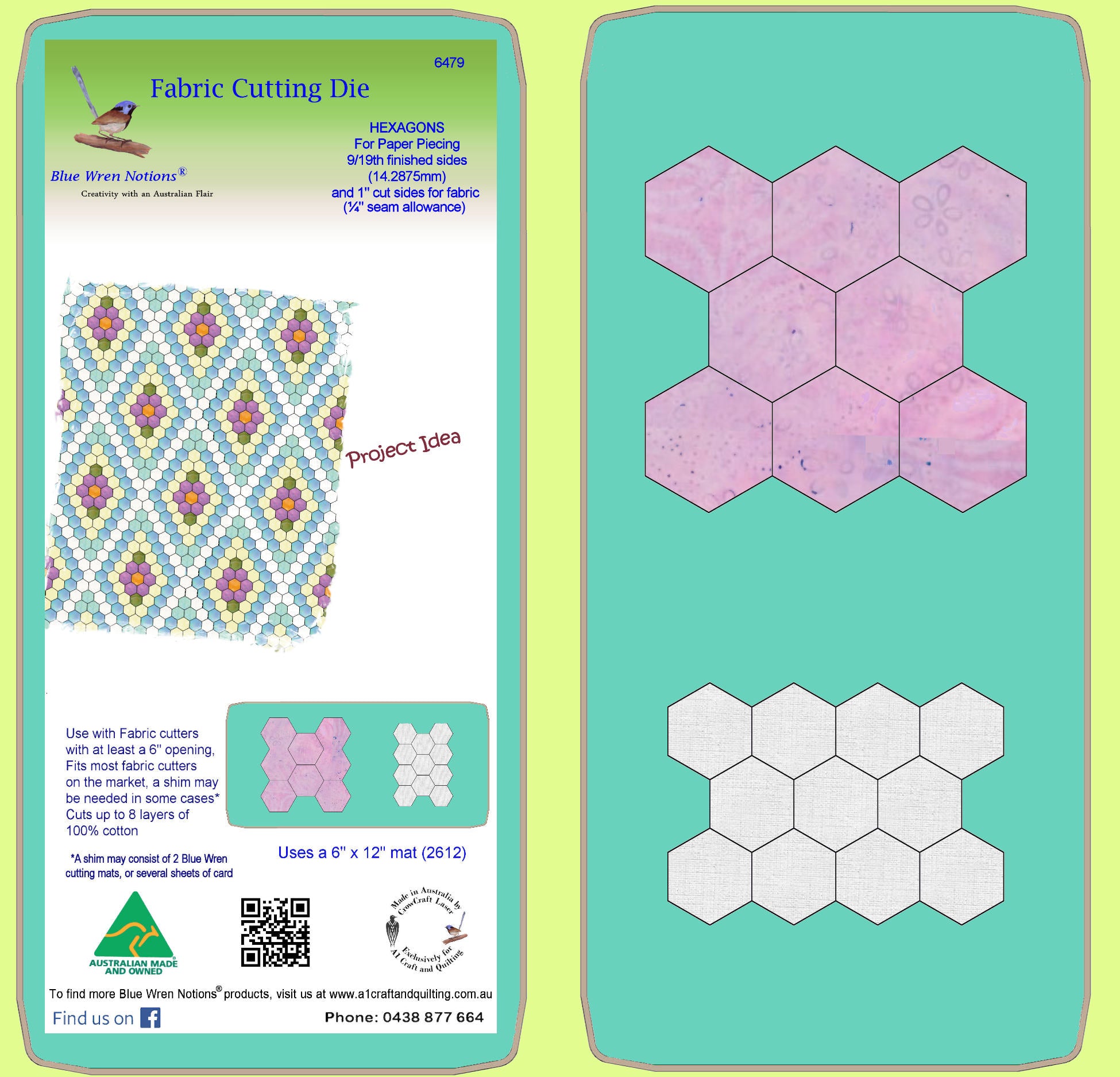 Hexagons 9/16 inch cut sides (papers) -  6479 - and 1" hexagon for fabric - includes cutting mat