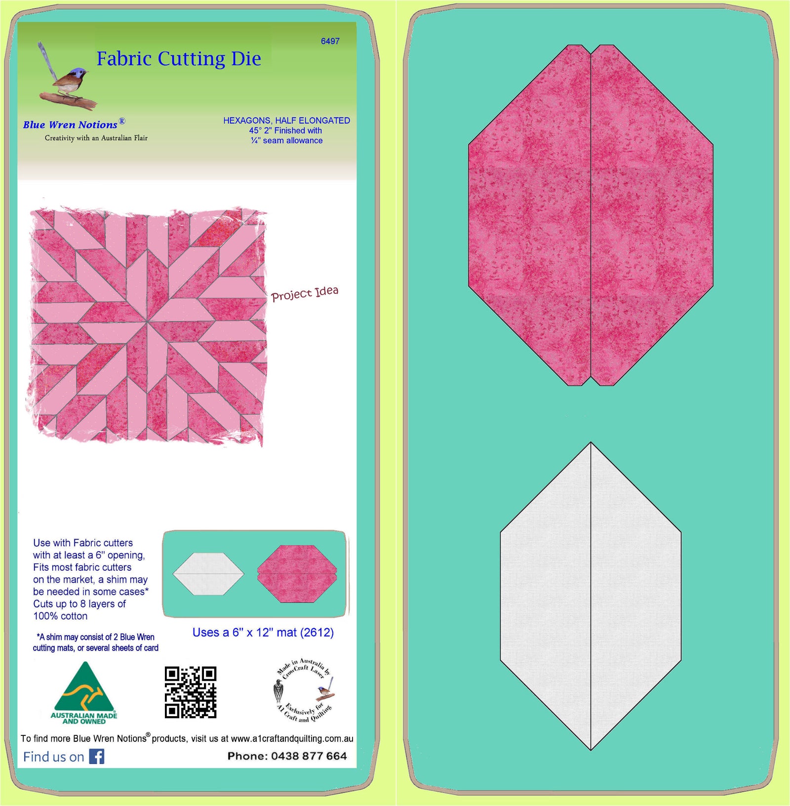 Hexagons, Half, 2" finished sides, elongated 45°,  ¼" seam allowance - 6497 - includes cutting mat