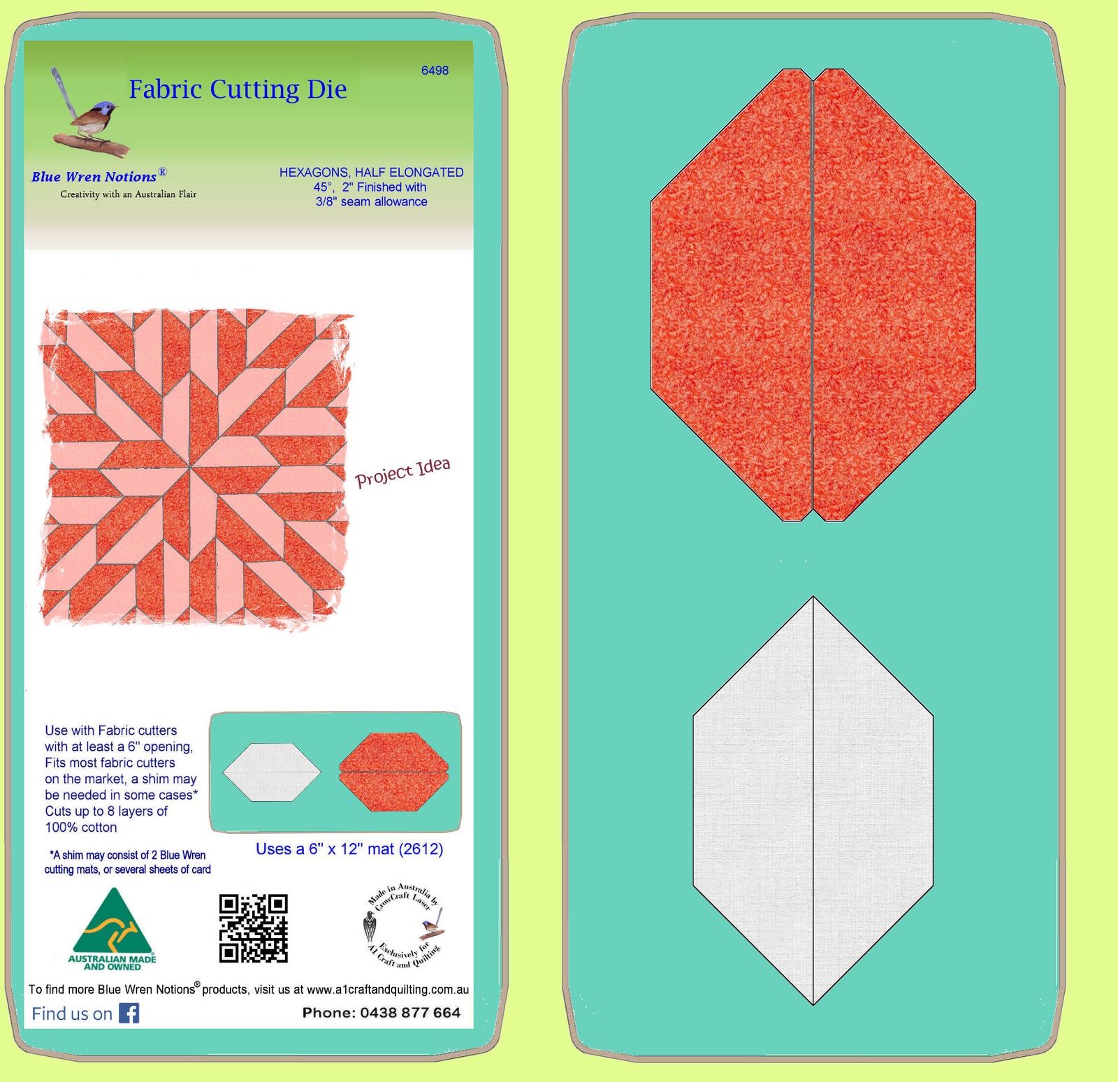 Hexagons, Half, 2" finished sides, elongated 45°,  3/8" seam allowance - 6498 - includes cutting mat
