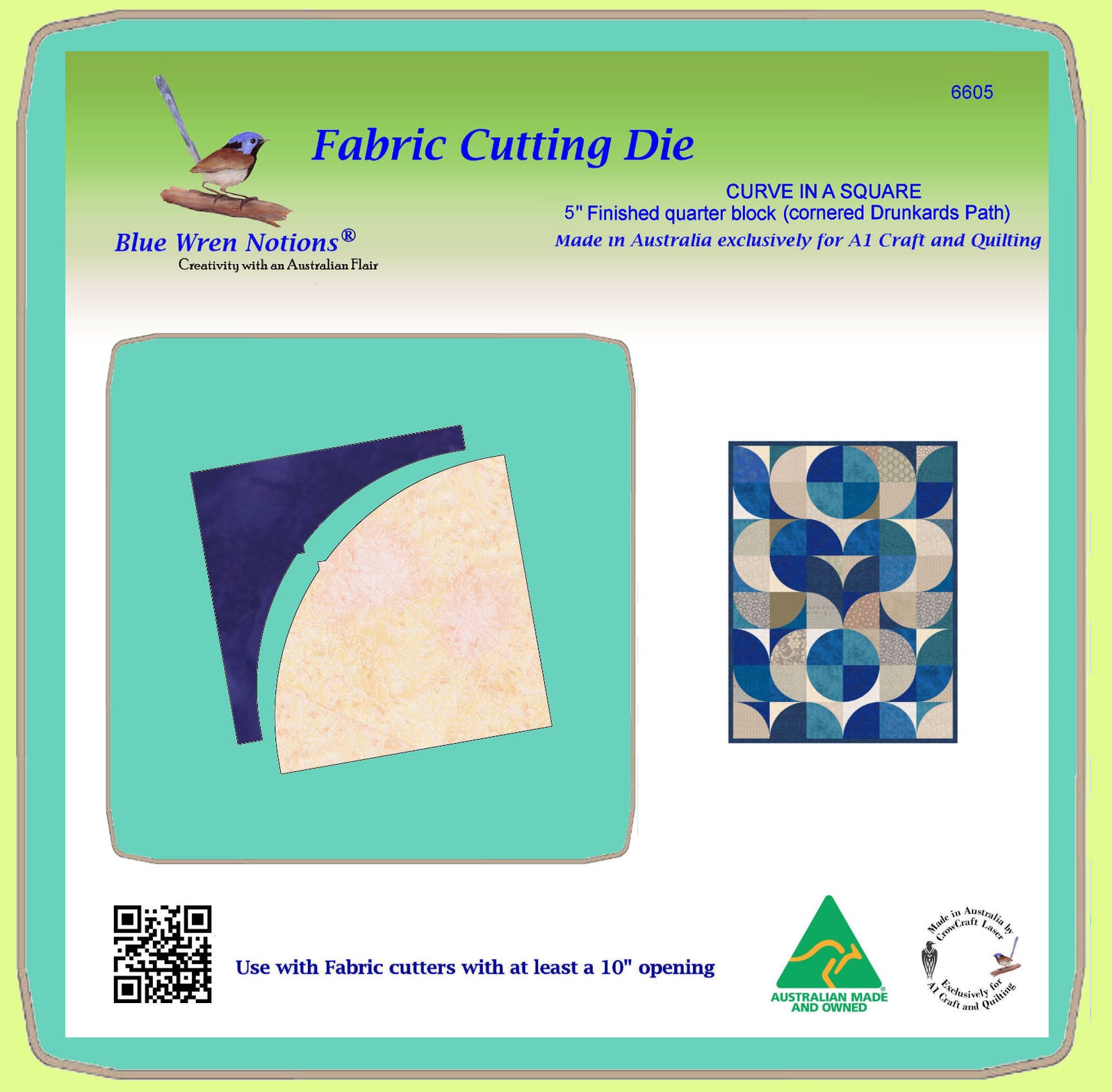 CURVE IN A SQUARE 5" finished quarter block (cornered Drunkards Path - 6605- includes cutting mat