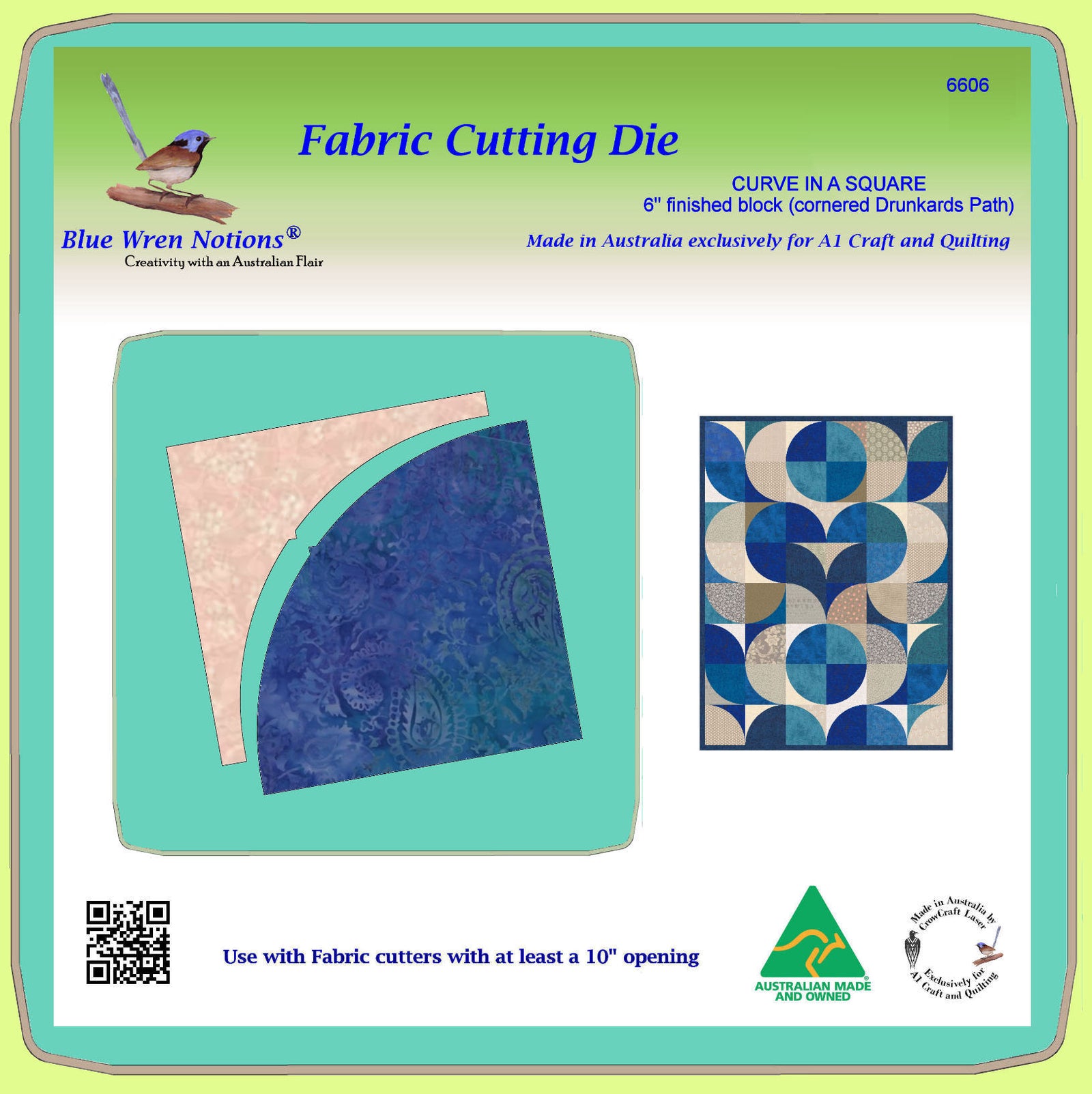 CURVE IN A SQUARE 6" finished quarter block (cornered Drunkards Path - 6606- includes cutting mat