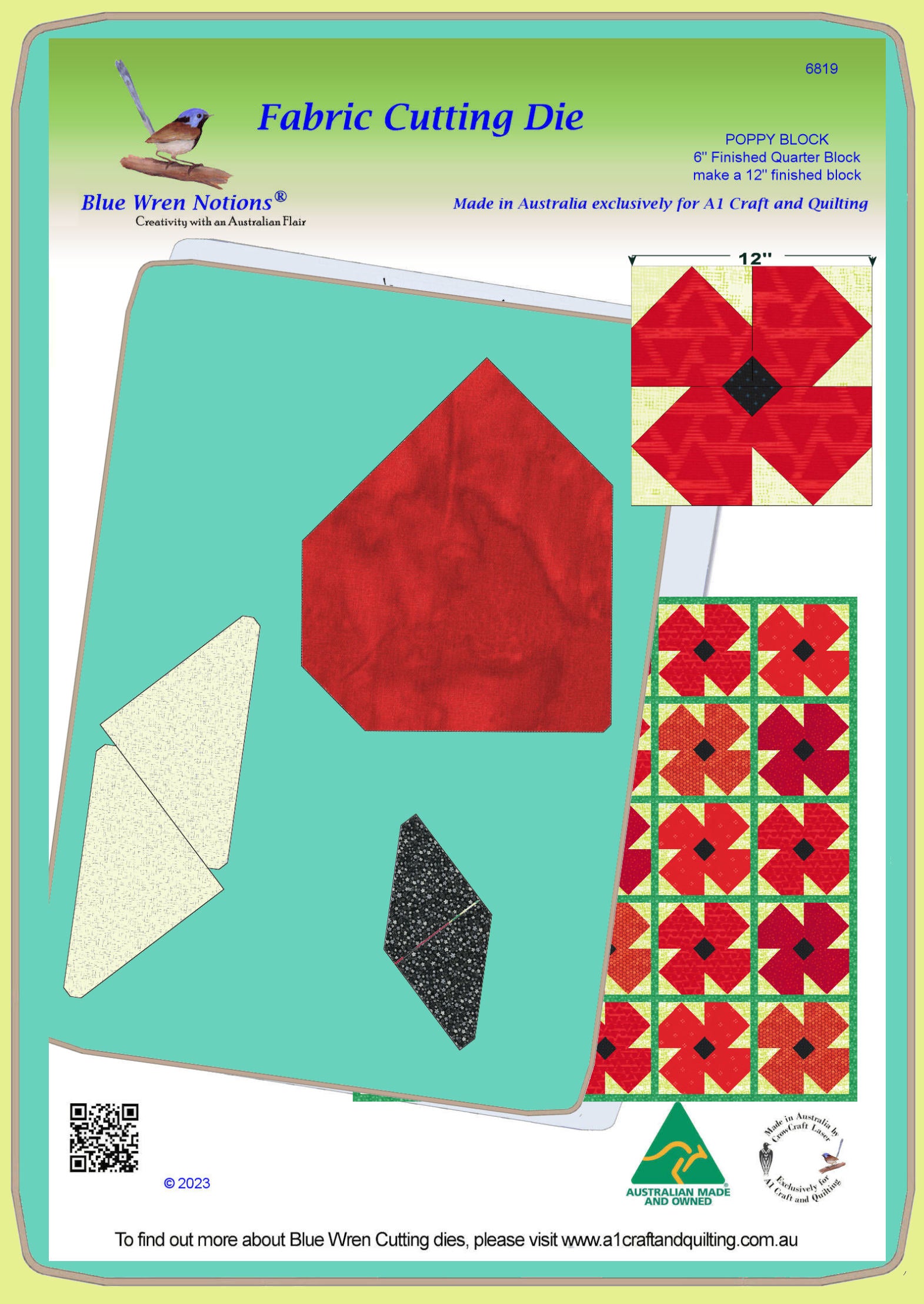 Poppy Block - 6" finished quarter block, 12" finished whole block - 6819- Mat Included