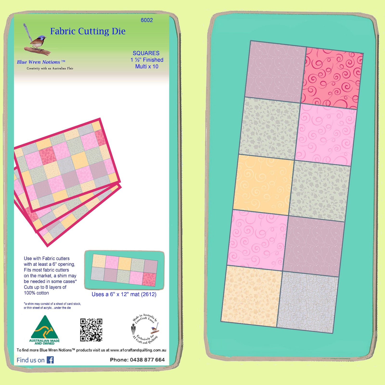 Squares 2" cut, 1½" finished x 10 - 6002 - Blue Wren Cutting Die, Mat included