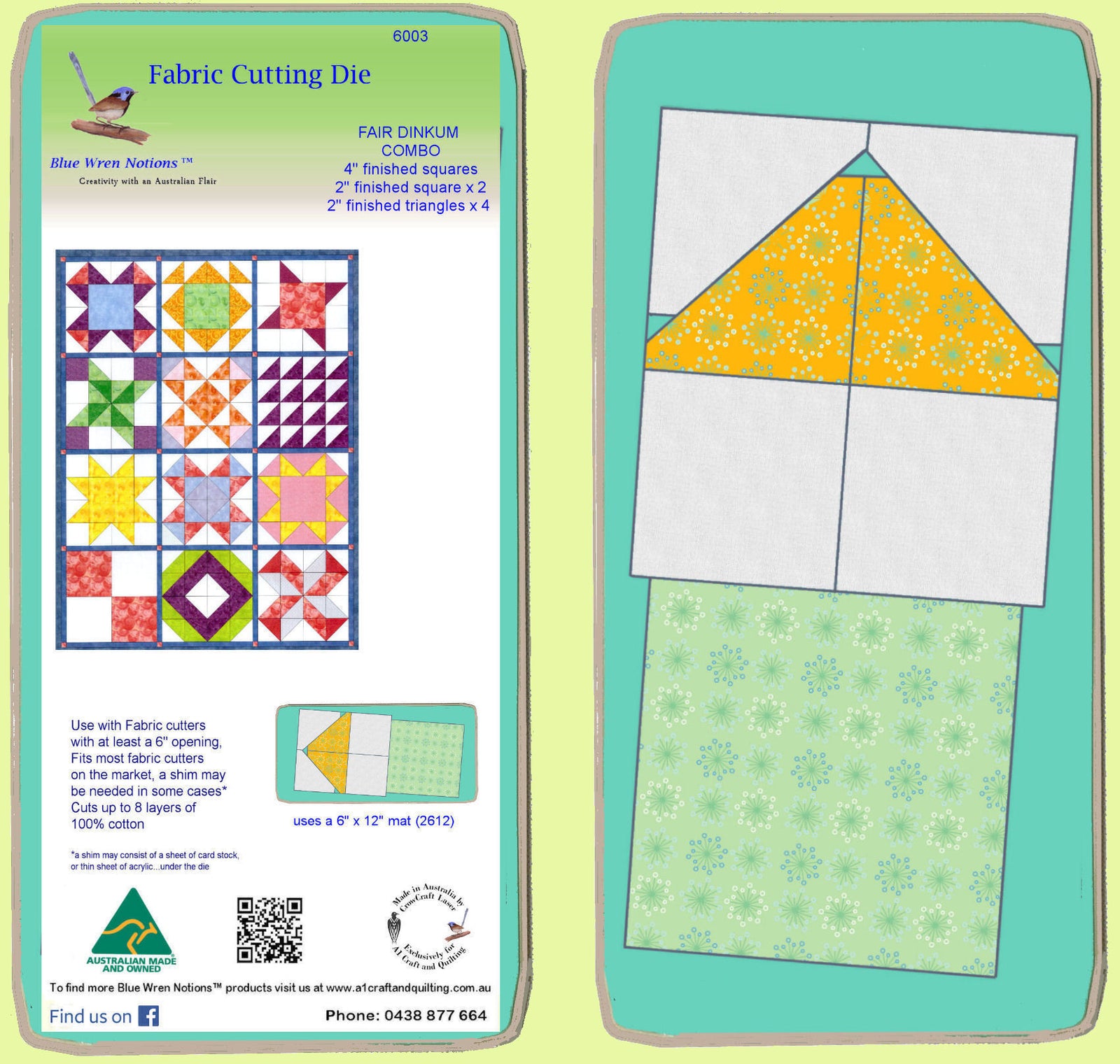 Fair Dinkum #1 Combo Die, 4" finished square, 2" finished squares x2 and 2" finished triangle x 4- 6003