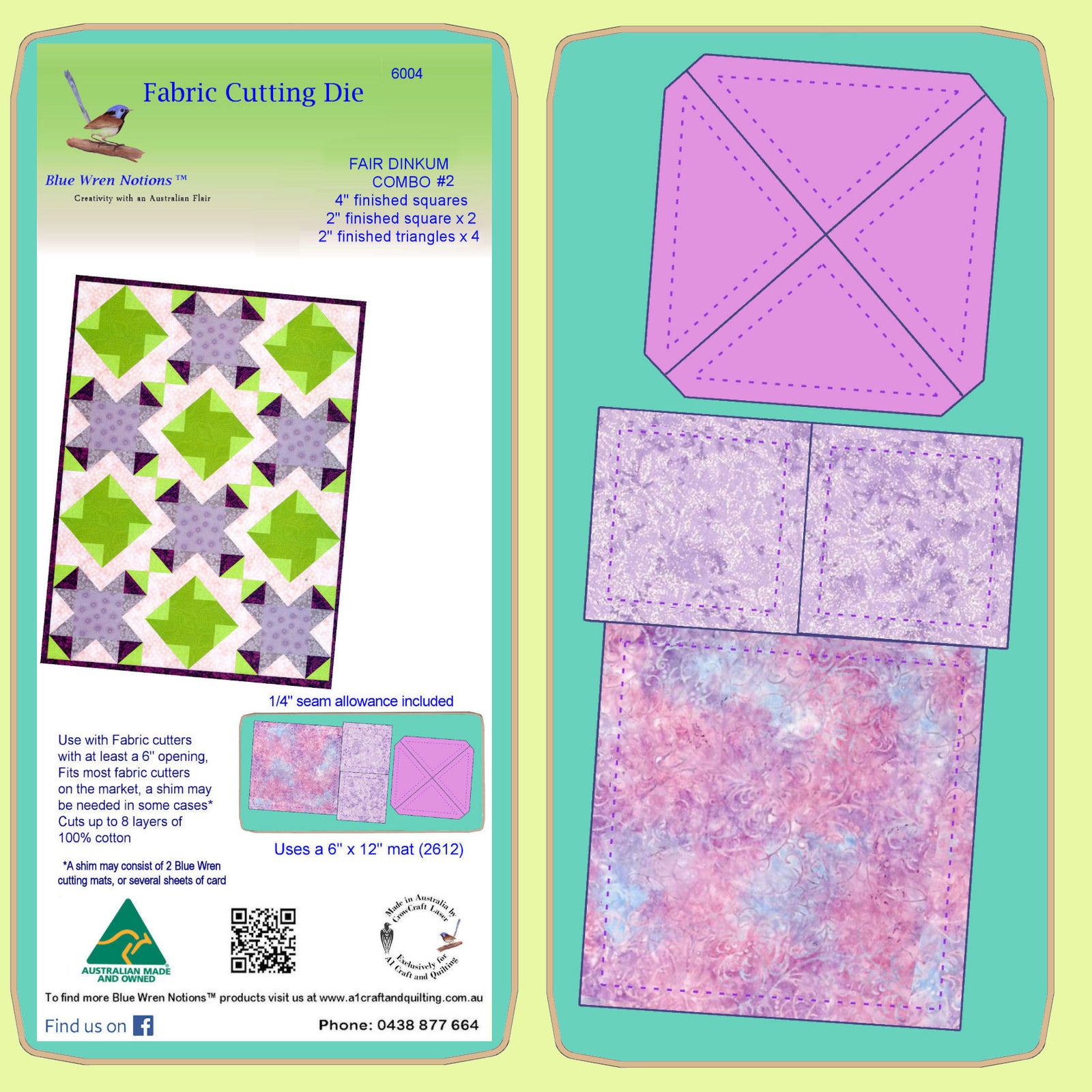 Fair Dinkum #2 Combo Die, 4" finished square, 2" finished squares x 2, and 2" finished triangle x 4- 6004