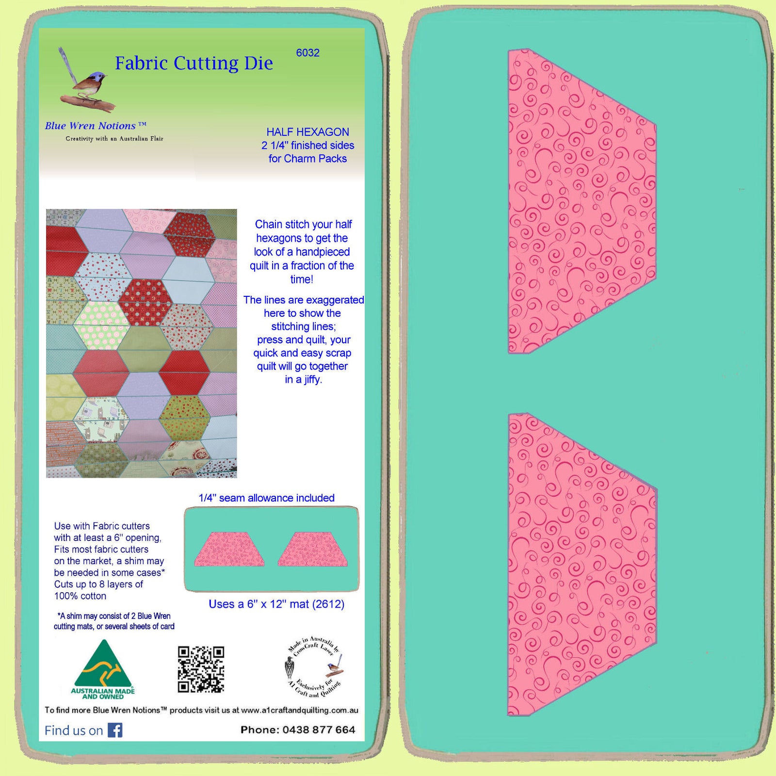 Half Hexagon 2 1/4" finished sides, for Charm squares 6032 - Includes cutting Mat