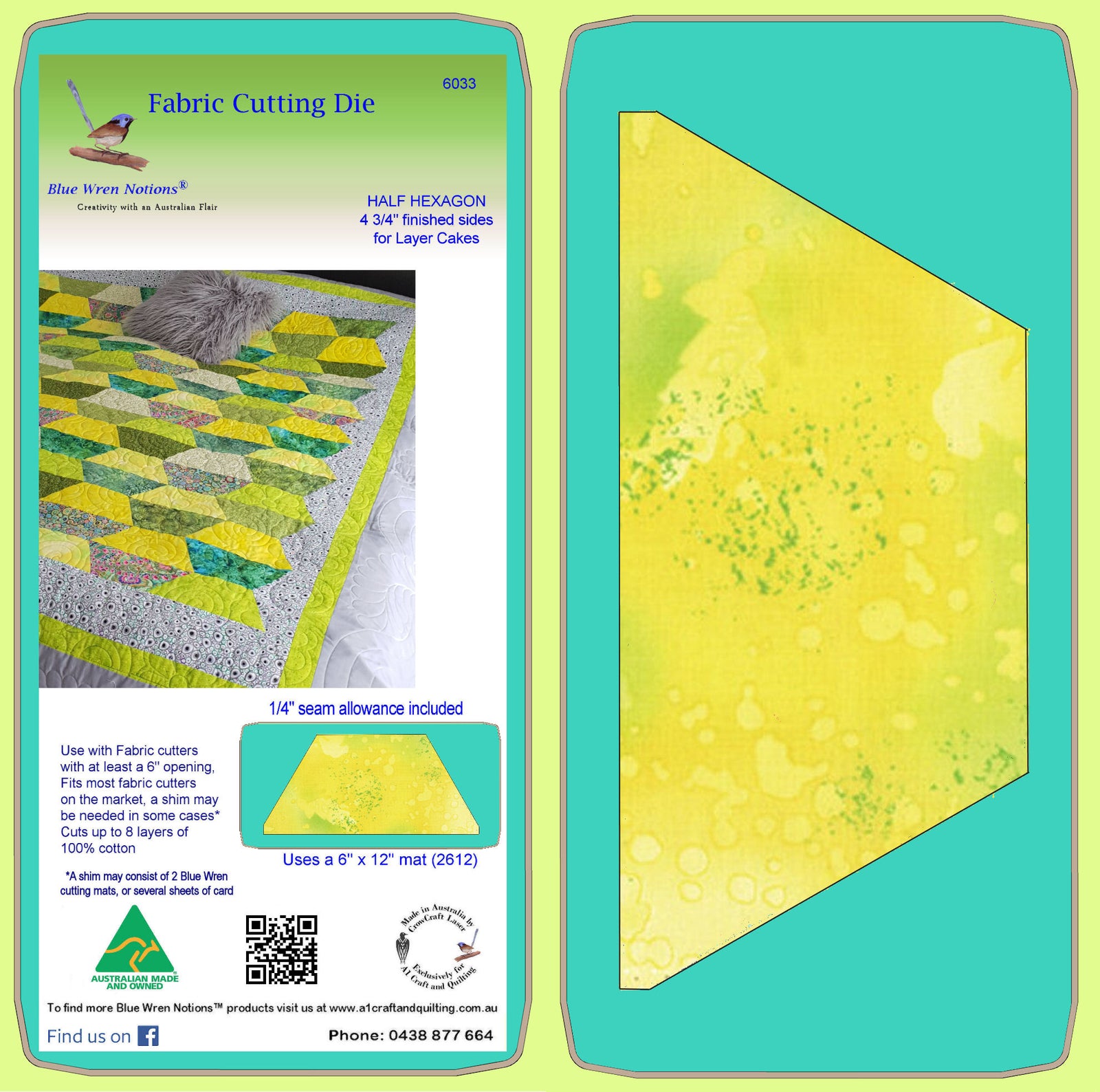Half Hexagon 4 3/4" finished sides, 6033 - Includes cutting Mat