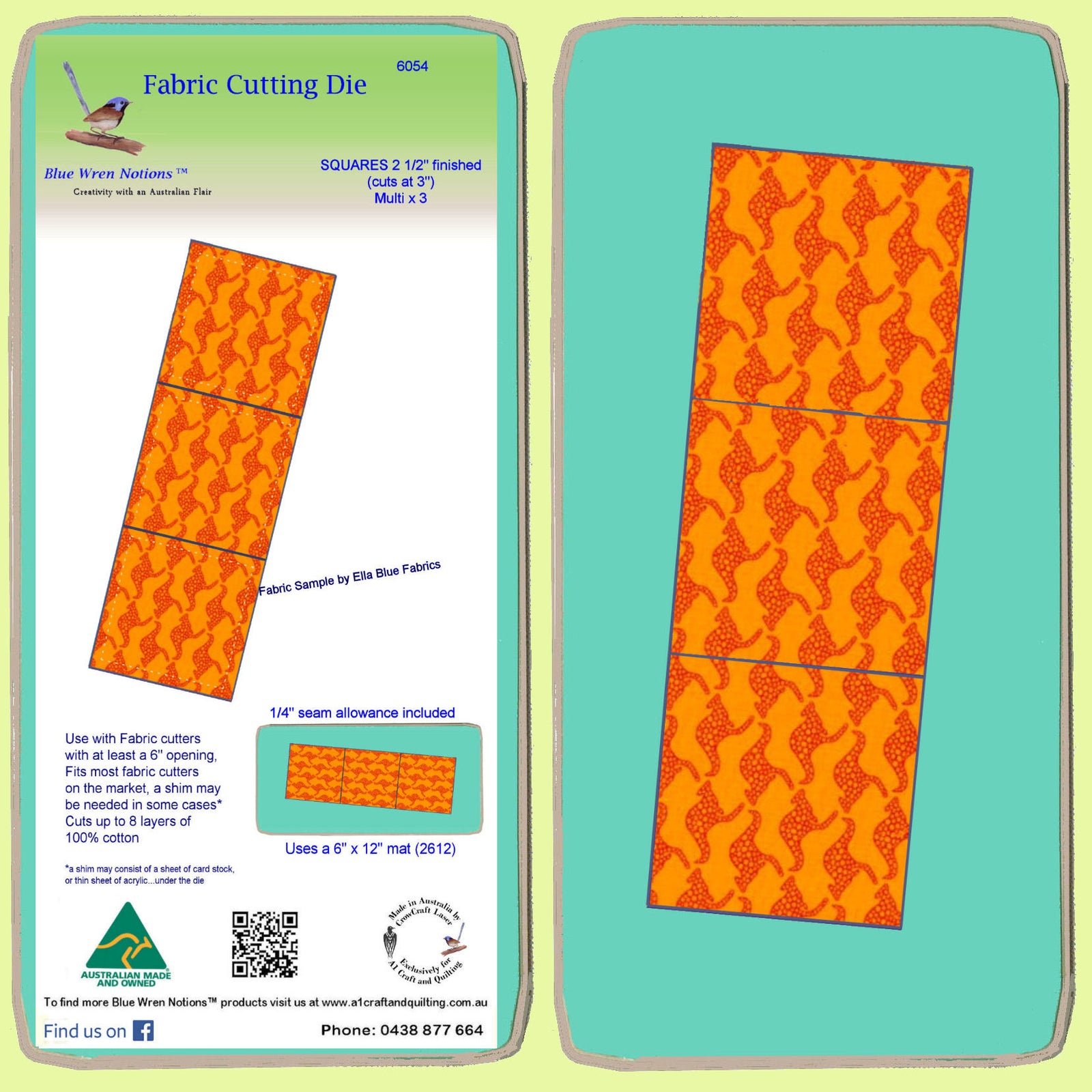 Squares 3" cut, (2½" finished) x 3 - 6054 - Blue Wren Cutting Die, Mat included