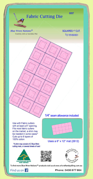 Squares 1" cut,  (½" finished) x 18 - 6057 - Blue Wren Cutting Die, Mat included