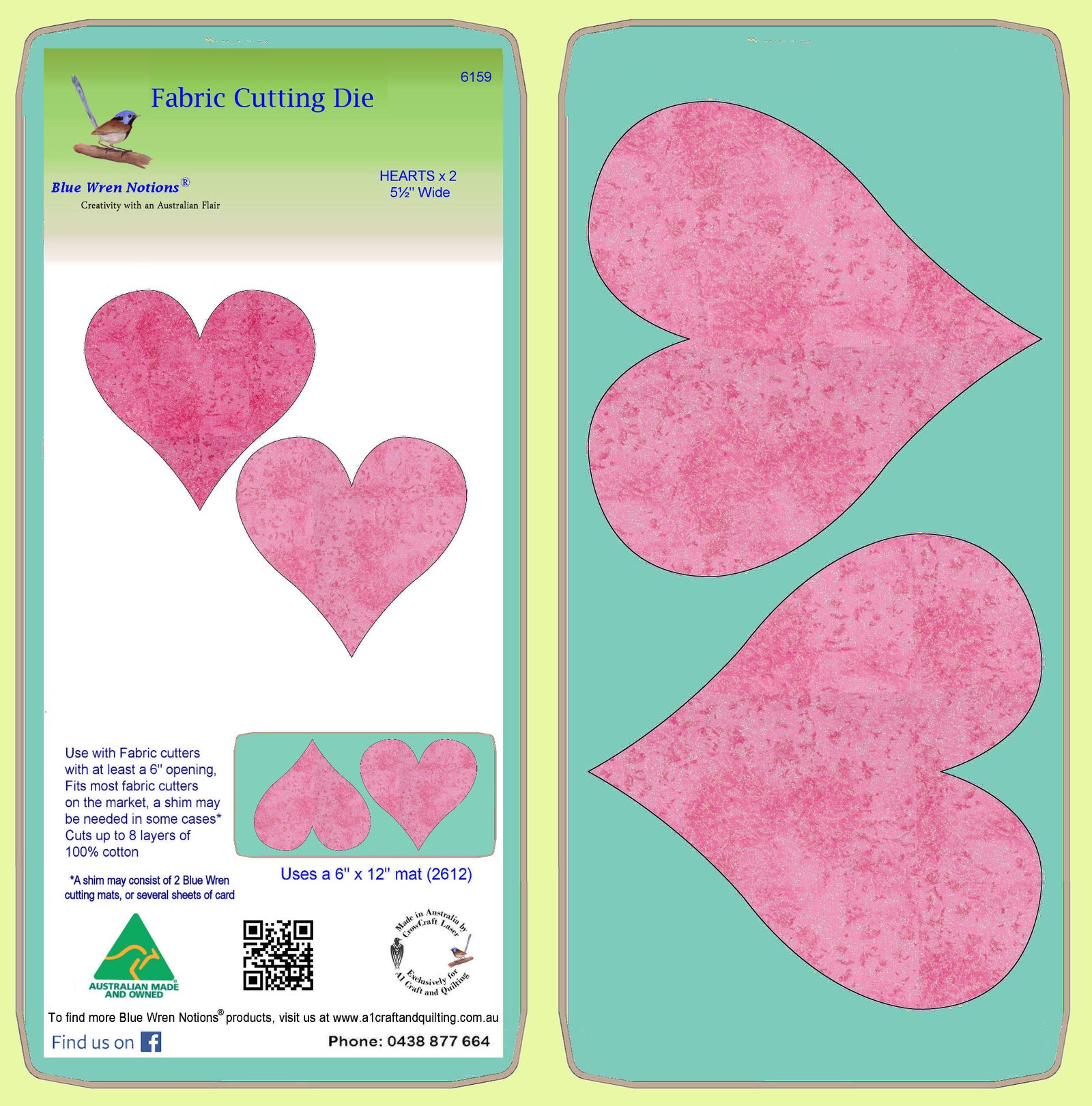 Hearts x 2 - 6159 - Blue Wren Fabric Cutting Die, includes mat