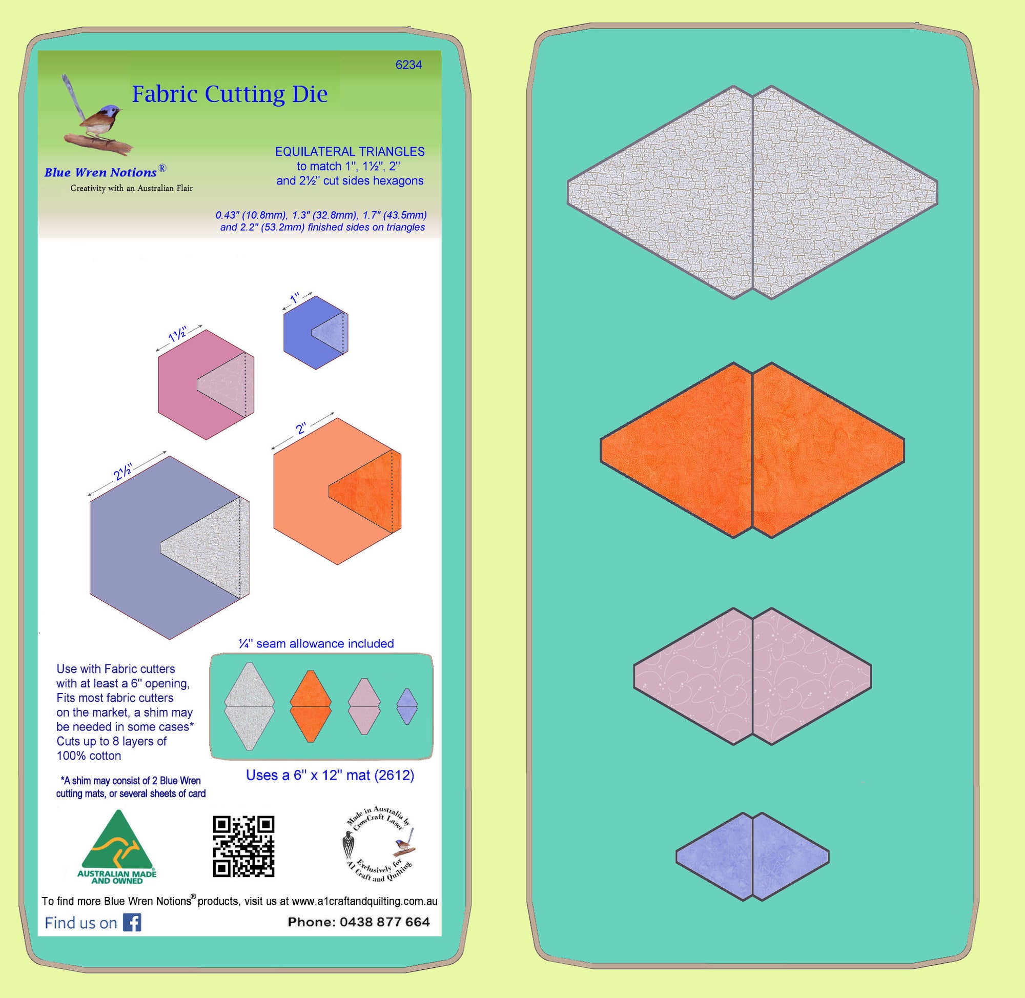 Triangles, Equilateral  (6234) to match 1",1½",2" and 2½ cut side Hexagons - includes cutting mat