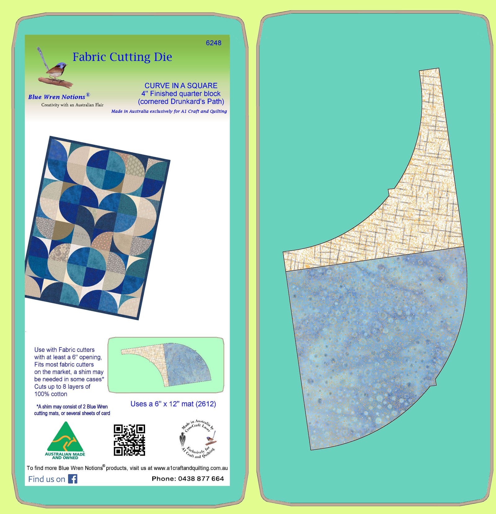 CURVE IN A SQUARE 4" finished quarter block (cornered Drunkards Path) - 6248- includes cutting mat