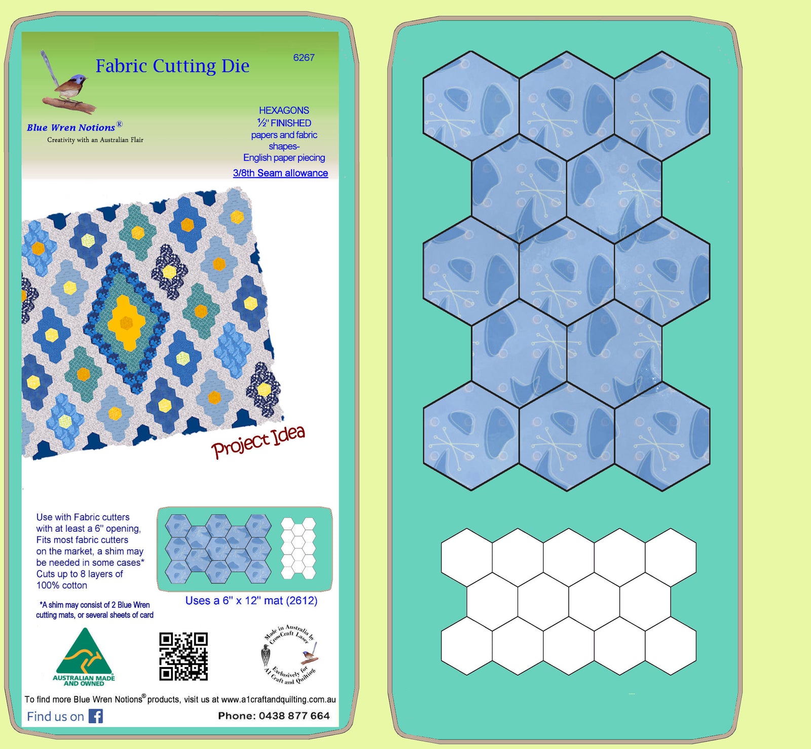Hexagons ½" finished sides - 3/8" seam allowance - Paper and Fabric shapes - 6267 - includes cutting mat