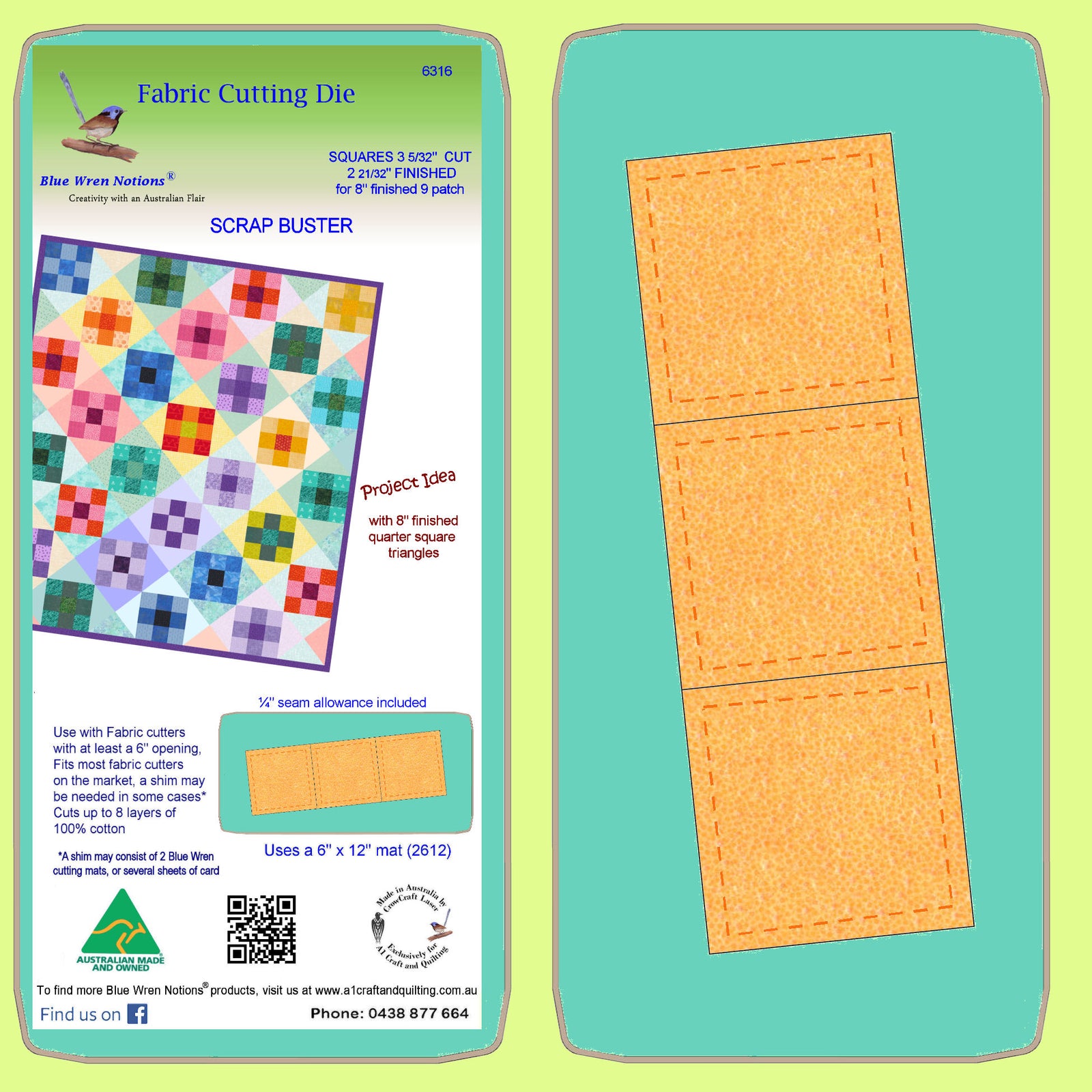 Squares 3 5/32" cut  2 21/32" finished, for 8" finished nine patch- 6316 Includes cutting mat 2612