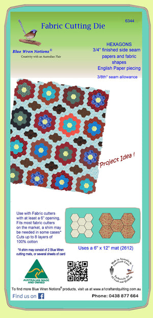 Hexagons 3/4" finished sides - 3/8"seam allowance - Paper and Fabric shapes - 6344 - includes cutting mat