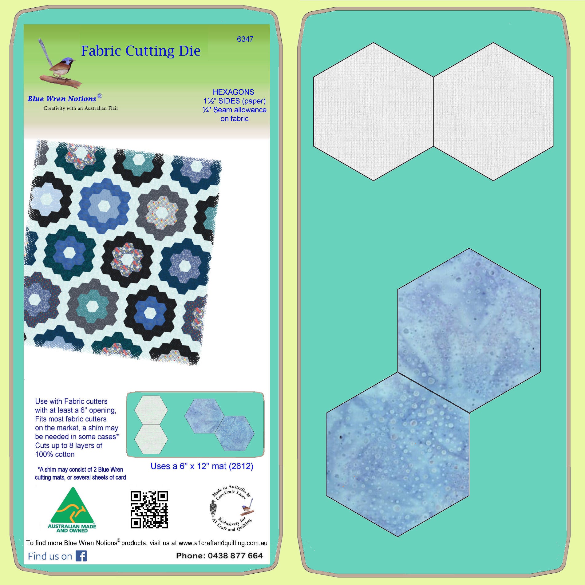 Hexagons 1½" finished sides, paper and fabric pieces, ¼" seam allowance - 6347 - includes cutting mat