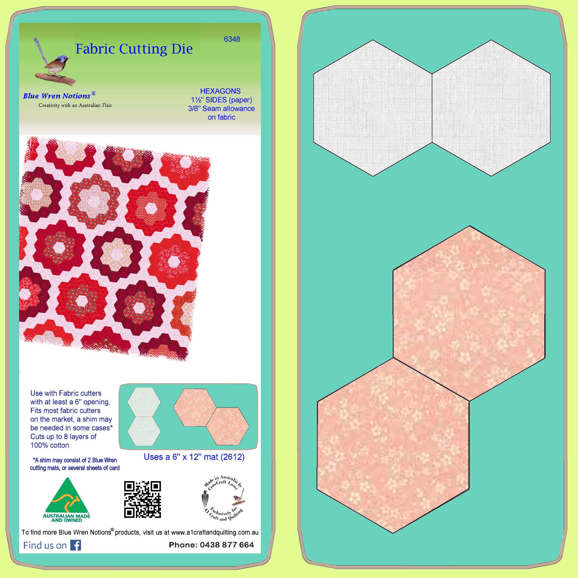 Hexagons 1½" finished sides, paper and fabric pieces, 3/8" seam allowance - 6348 - includes cutting mat