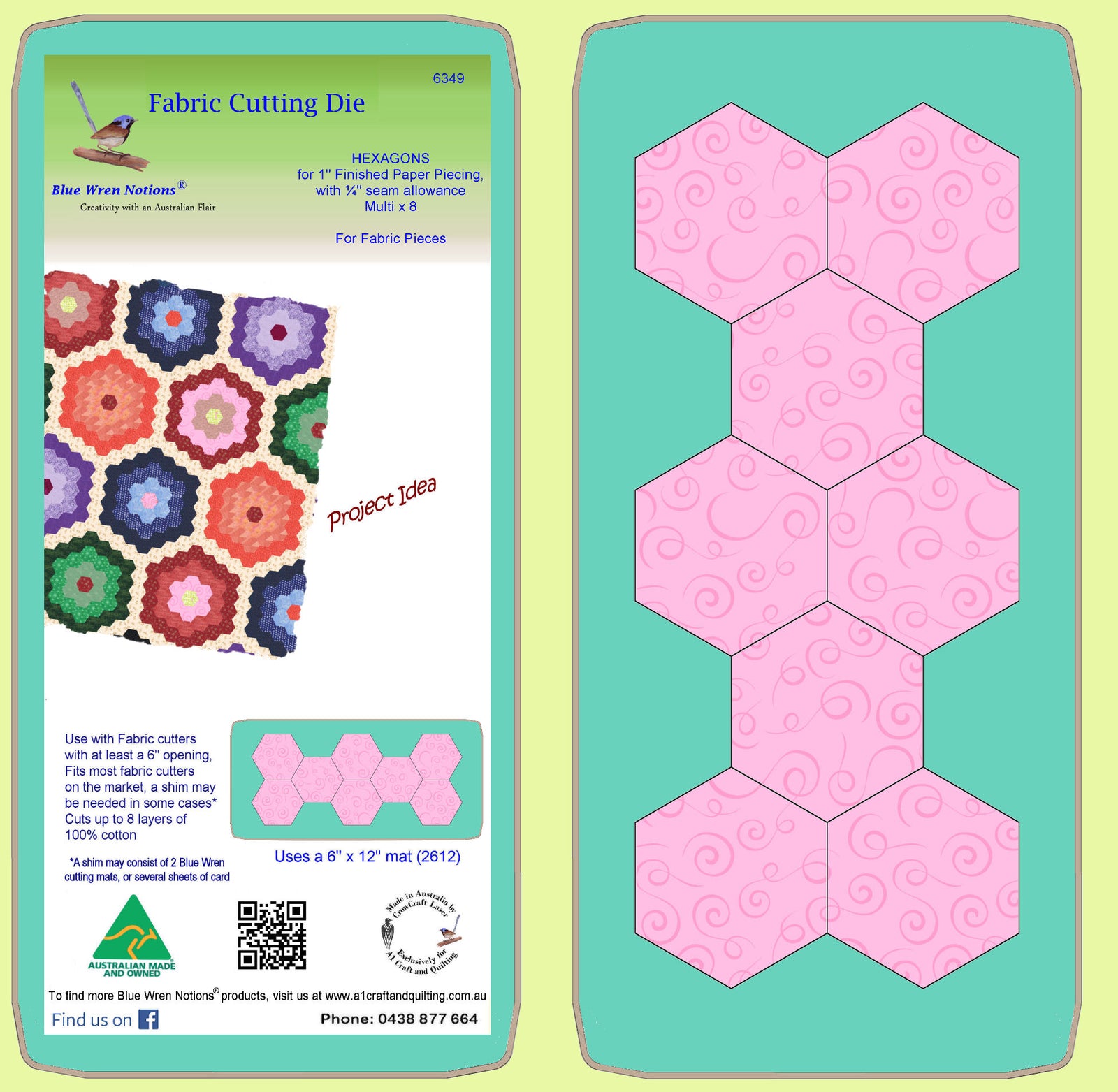 Hexagons, to cover 1" finished side papers - fabric cuts with ¼" seam allowance  6349 - includes cutting mat