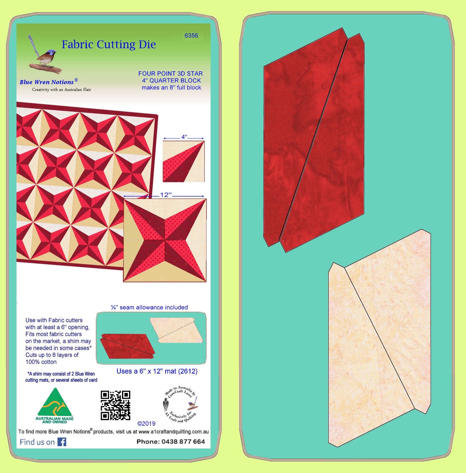 Four Point Star, 3D  - 6356  (4" finished quarter block, 8" finished block) - Mat included