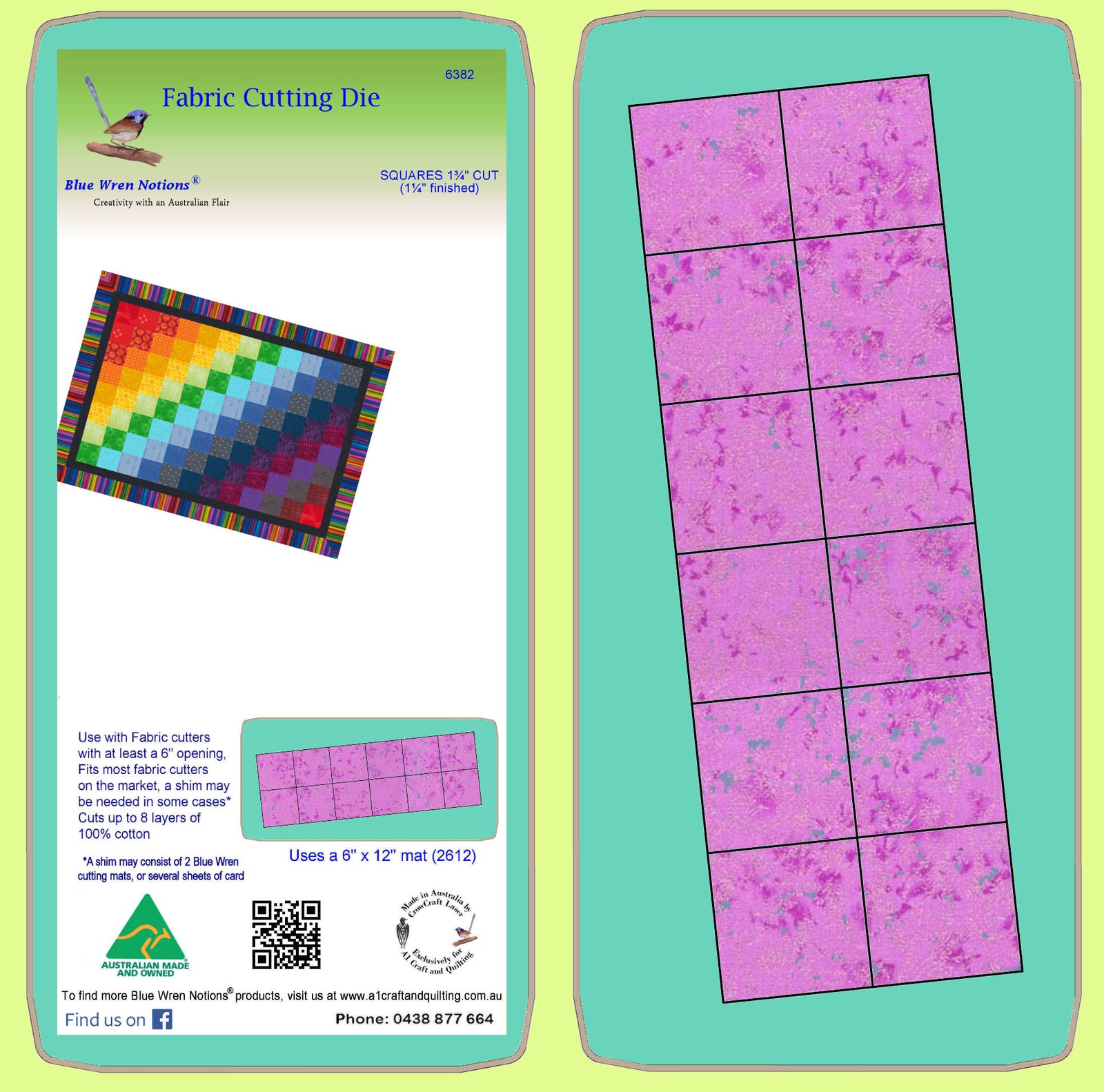 Squares 1¾" cut, (1¼" finished x 12) - 6382 - Blue Wren Cutting Die, Mat included