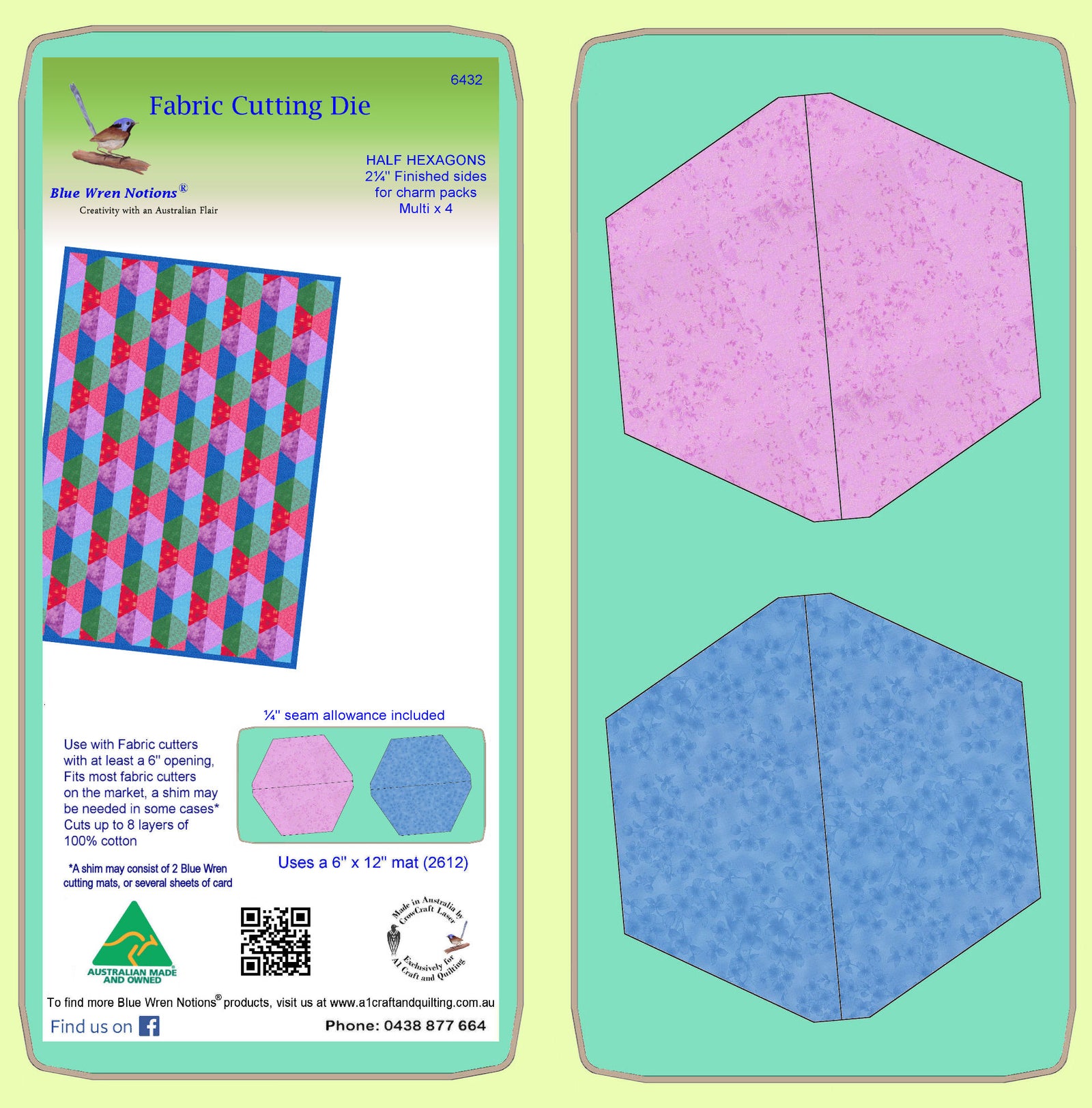 Half Hexagon 2¼" finished sides, for Charm Packs, 6432 - Includes cutting Mat