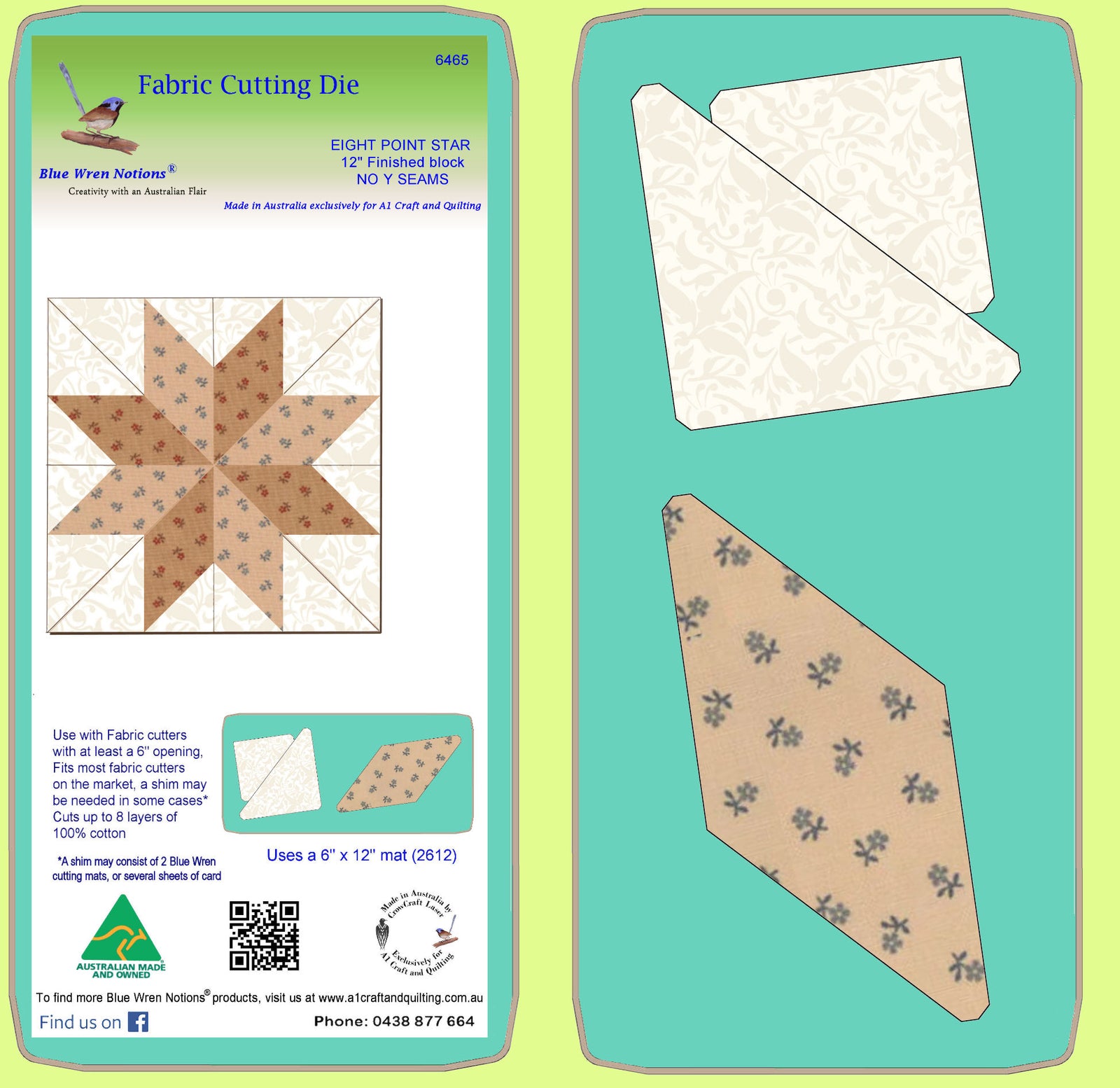 Eight Point Star - 6465, No"Y" seams  (12" finished block) - Mat included