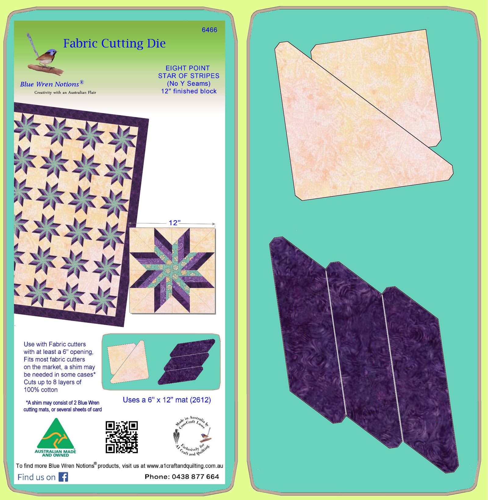 Eight Point Star of Stripes 12" finished block, (no Y seams)- 6466 - mat included