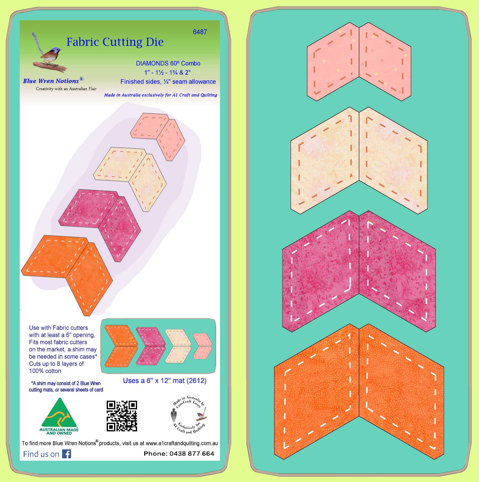 Diamonds 60º, 1", 1½", 1¾” and 2" Finished Sides - 6487 - includes cutting mat