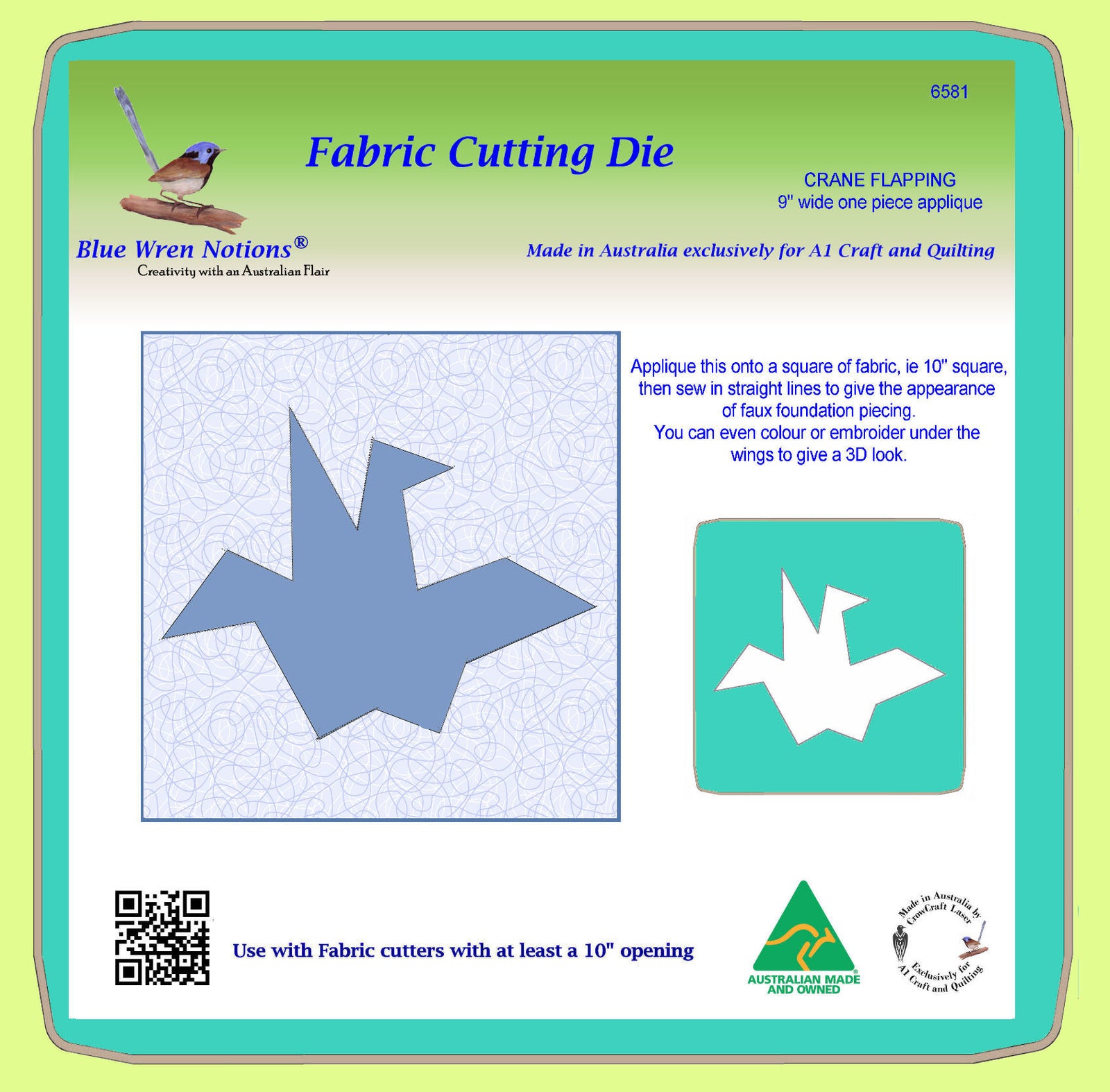 Crane, Flapping - 9" wide one piece applique- 6581- includes cutting mat