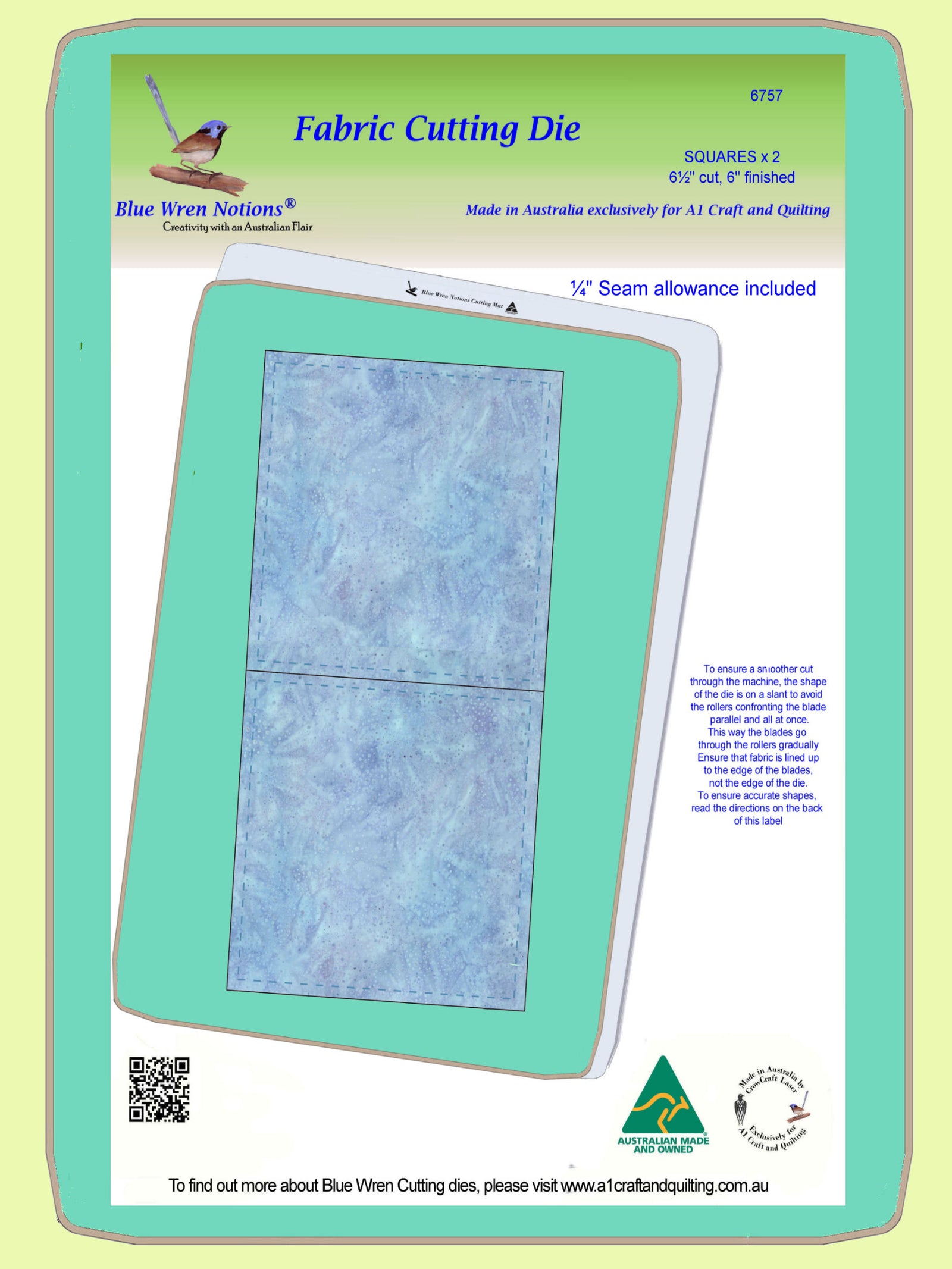 Squares 6½" cut - 6" finished, 2 on die - 6757 - Mat (2015) included.