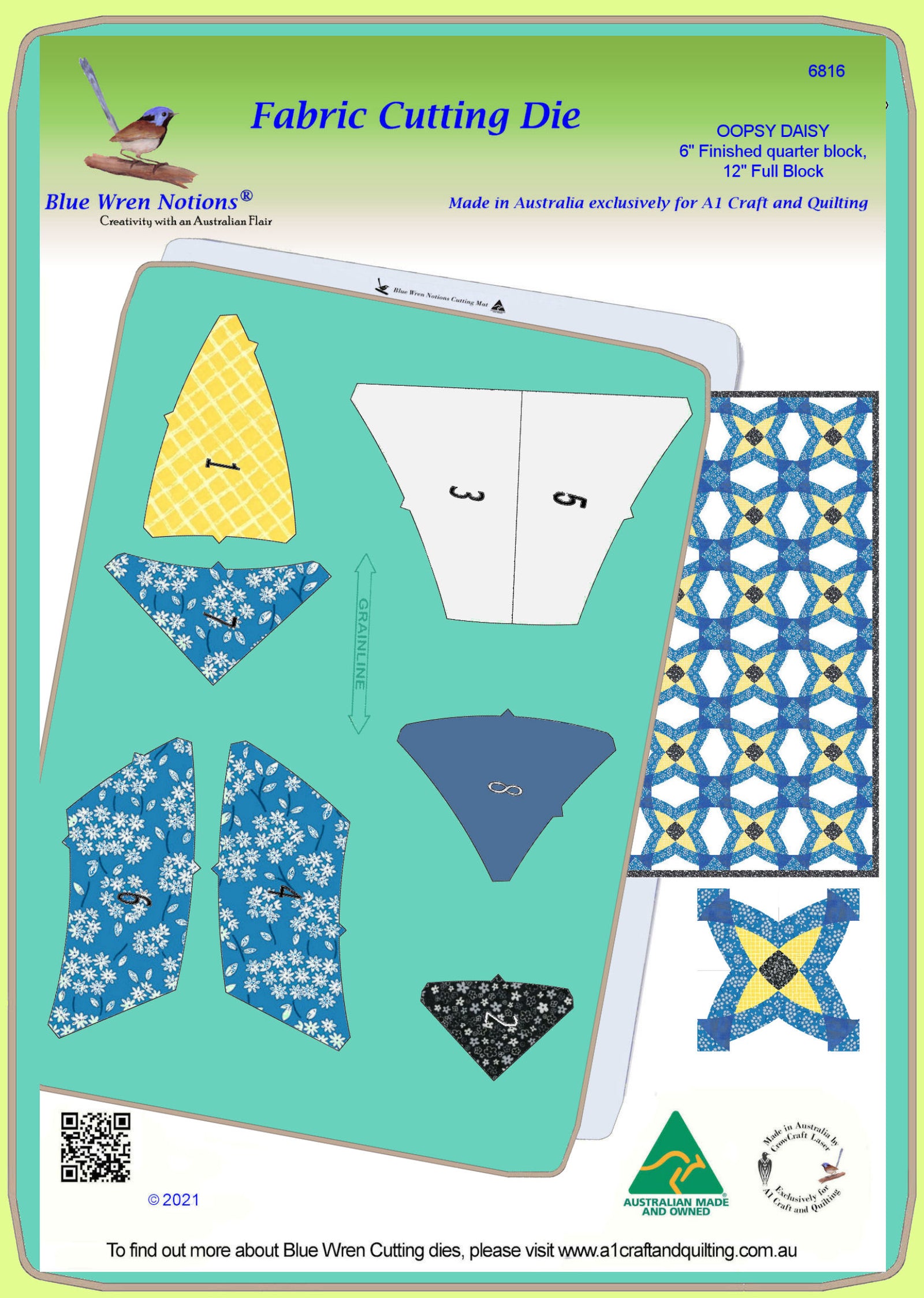 Oopsy Daisy - 6816 - makes a 6" finished quarter block, 12" when finished - mat included