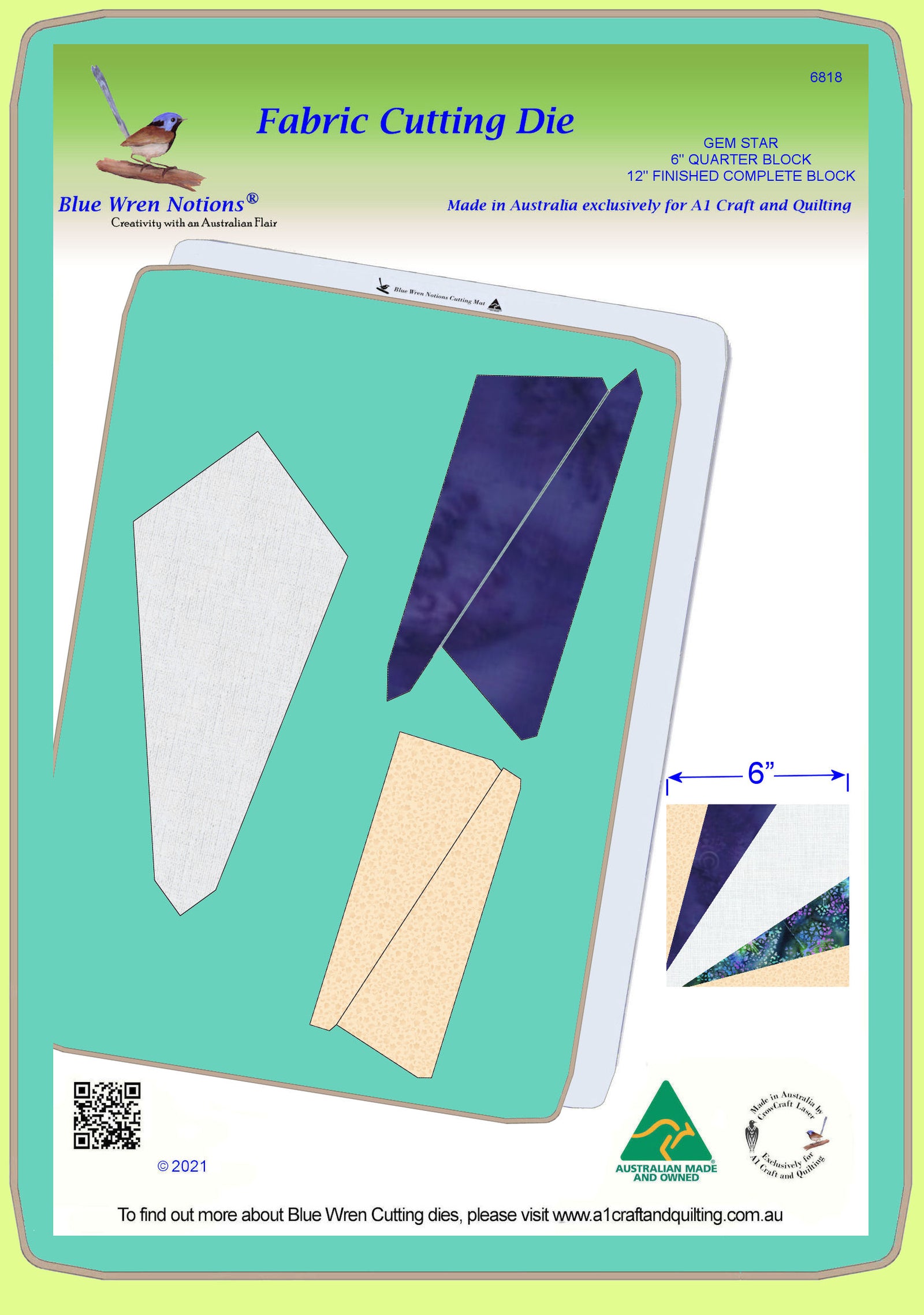 Gem Star- 6" finished quarter block, 12" finished whole block - 6818 - mat included