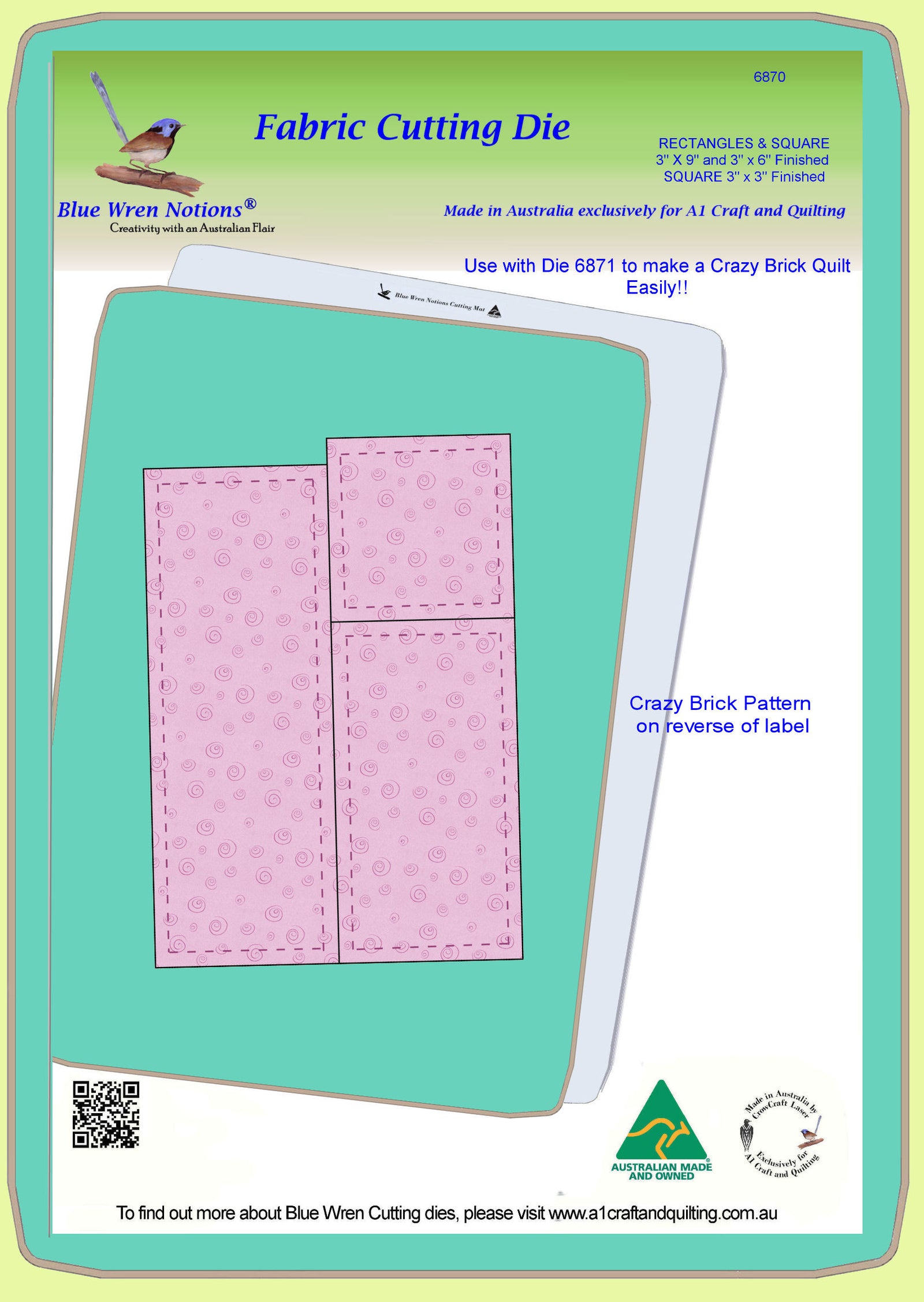 Rectangle 9½x 3½,(9"x 3"fin) 6½ x 3½" (6" x 3" fin)  and Square 3½" x 3½" cut (3" x 3" finished) - 6870 - Mat and Pattern included