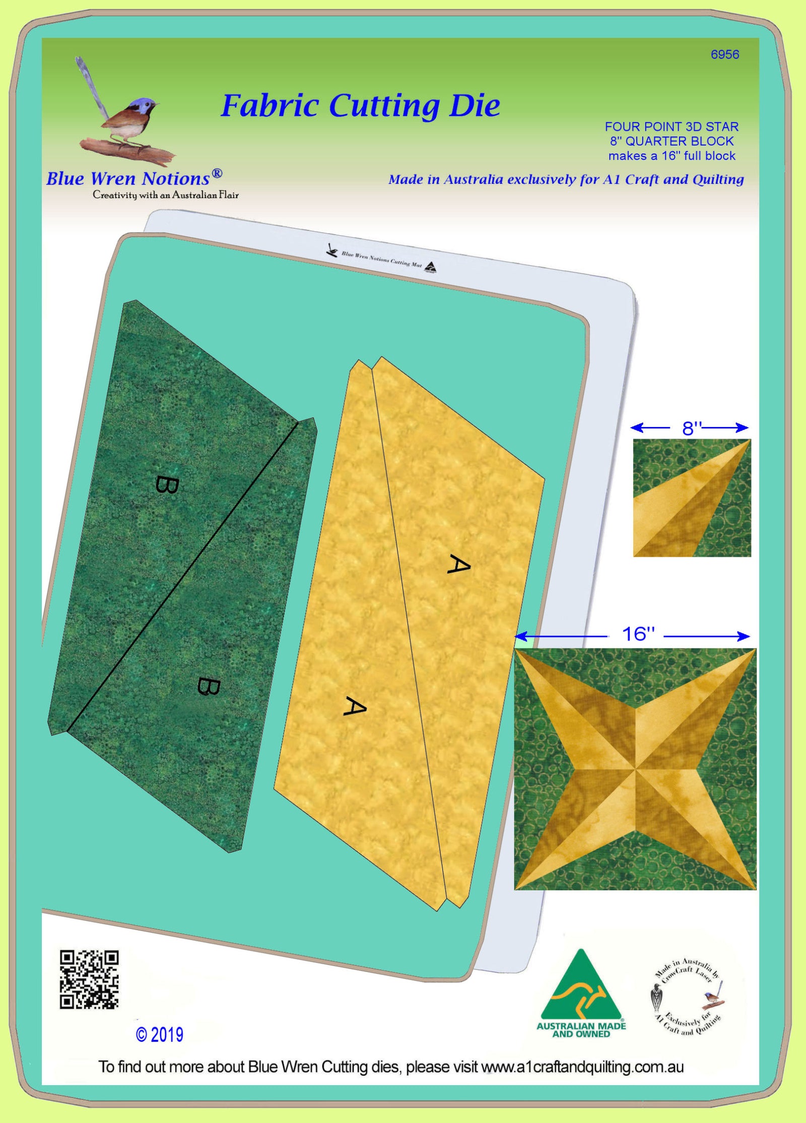 Four Point Star, 3D  - 6956  (8" finished quarter block, 16" finished block) - Mat included