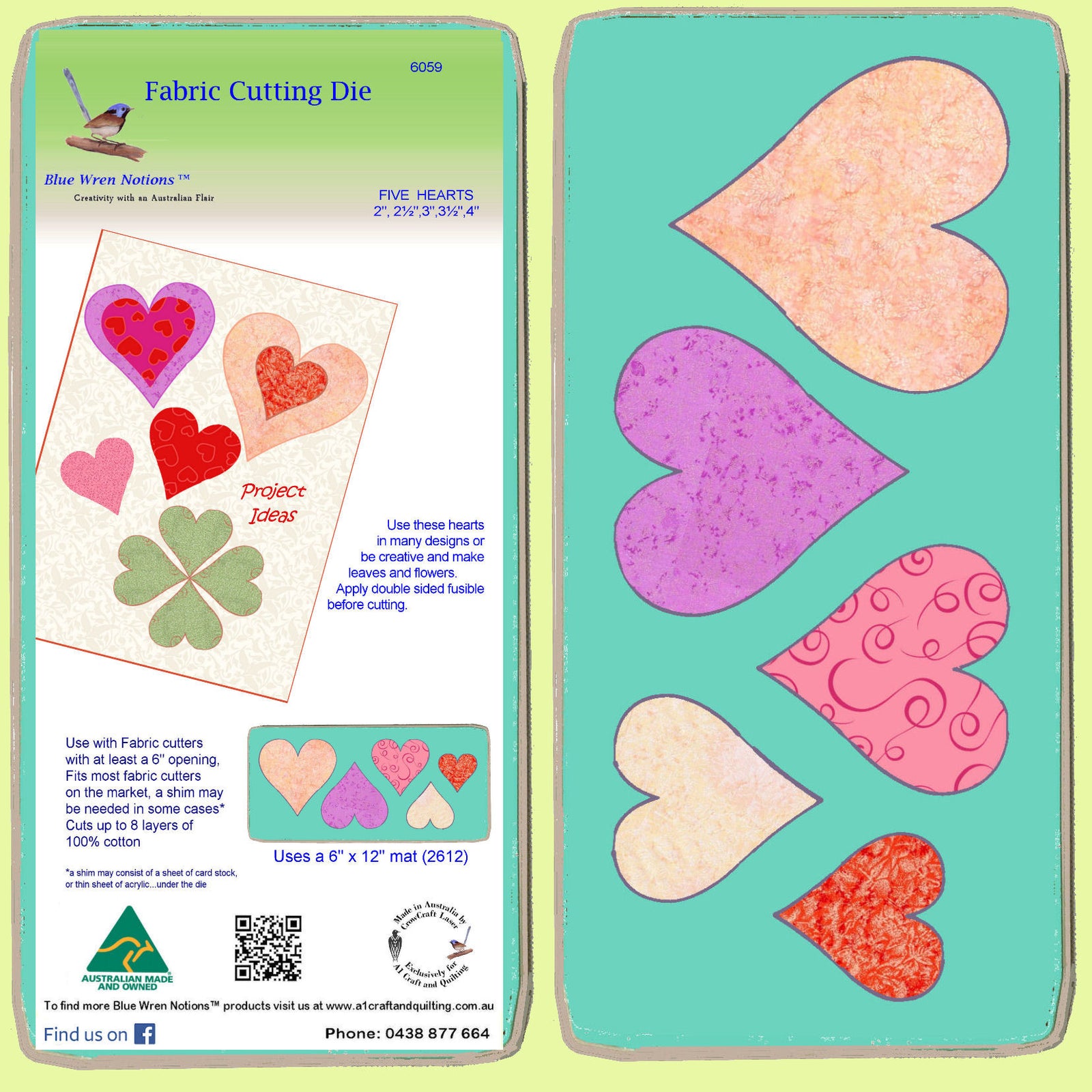 Hearts, Five Hearts - 6059 - Blue Wren Fabric Cutting Die, includes mat